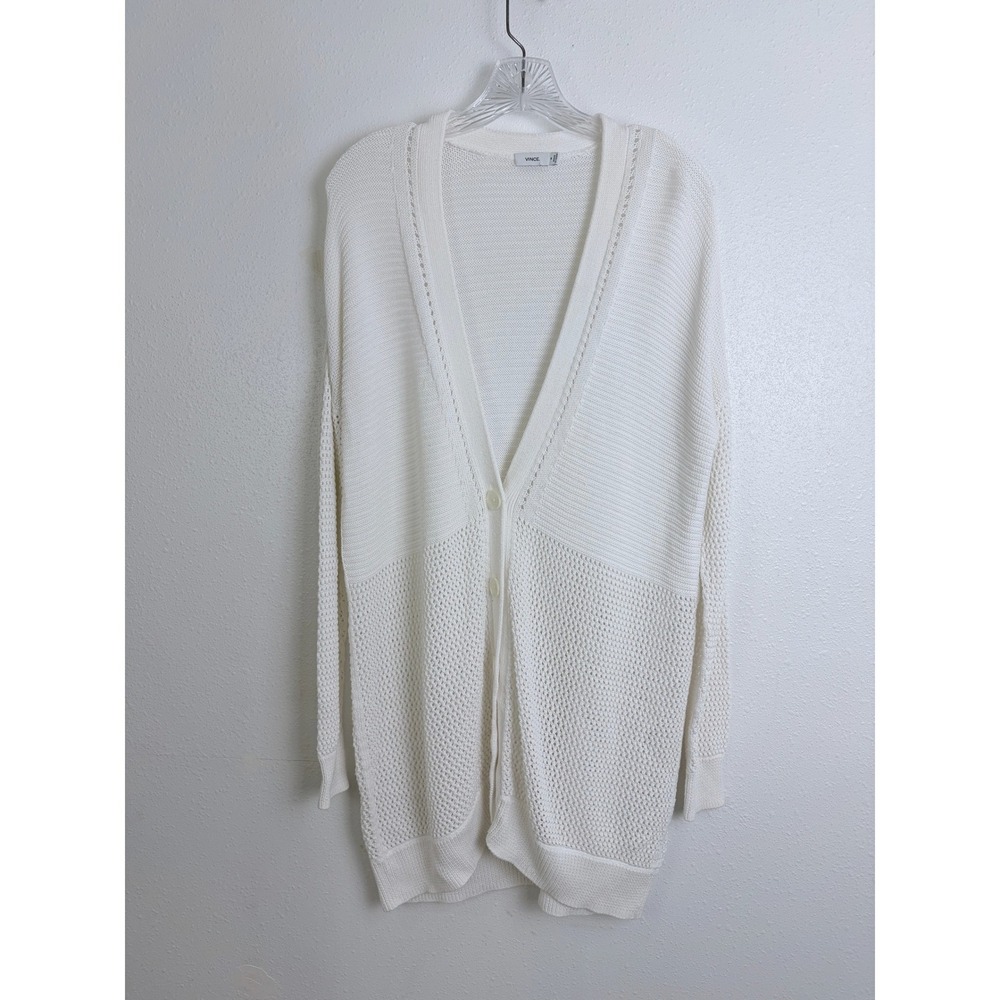 Vince White Mixed Knit Pointelle Cardigan Cotton Blend Drop Sleeve M Minimalist